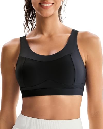 A high-impact pullover sports bra with molded cups, flat seam framing, a wide underband, and an open racerback cutout.